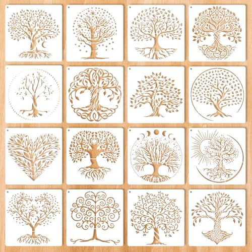 cobee 16 stencil a forma di albero della vita, stencil a legna da 15 cm, per dipingere su legno, riutilizzabili, per decorare pareti, pavimenti, fai da te (15 cm)