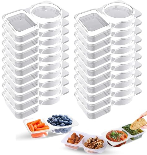 KHAOP Reusable Snack Pack Containers - Double Compartment Snack Containers, Portable Thickened and Reusable Snacks Packs, 2 Compartment Hinged Lid Clear Plastic Portion Cups (20pack)