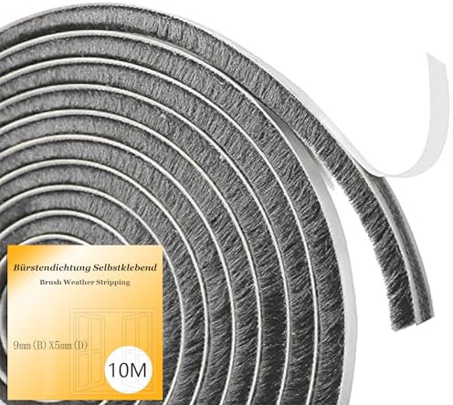 10M Bürstendichtung Selbstklebend, 9 mm(B) x 5 mm(D),Bürstendichtung für Rolladen,Schiebetür,Fenster,Tür,Kleiderschränk,Türdichtung Bürsten,Insektenschutz