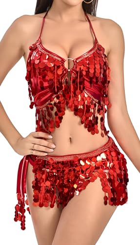 SEAUR Dam paljett frans kjol topp set glittrande 2 delar magdans outfit justerbar rygg snörning höft halsduk karneval festival fest scenframträdande, Röd, en storlek