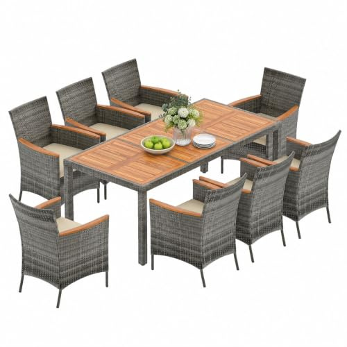 SOARS Salotto da Giardino Esterno, Set Mobili da Esterno in Rattan e Legno Massello con 8 Poltrone, Tavolo da Pranzo con Foro per Ombrellone da 5 cm e Cuscini Morbidi per Terrazzo, Bordo Piscina