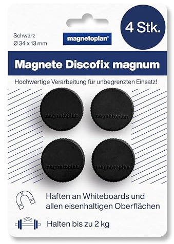 magnetoplan Premium Magnete Discofix Magnum | ØxH 34x13mm | 4 St., schwarz | Haftkraft: 2 kg | Magnete für Magnettafeln und Whiteboards | Kratzfreie Spezialbeschichtung | Leicht abnehmbar