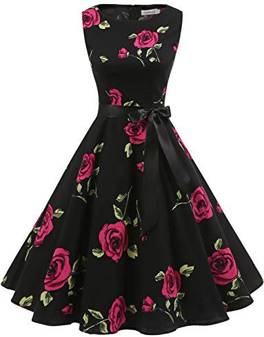 Gardenwed Robe de Soirée Cocktail Vintage Femme Années 40 50 60 Pin up Style Audrey Hepburn Rockabilly Swing Col Rond sans Manche Black Rose M