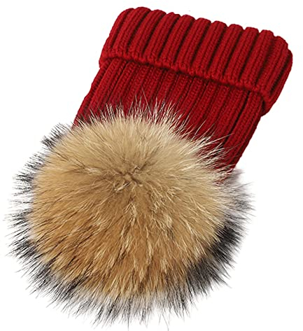 feifanshop Damen Echtfell Waschbär Fell Pelz Bommel Strick Mütze Winter-Mütze Bommelmütze
