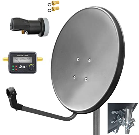 ARLI 60cm HD Sat Anlage Single LNB + Satfinder + 2X F-Stecker Digital 1 Teilnehmer Antenne Grau UHD 4K FullHD