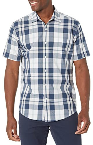 Amazon Essentials Men's Regular-Fit Short-Sleeve Poplin Shirt, Navy White Large Plaid, S