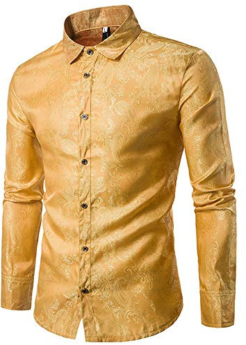 Allthemen Men's Paisley Shirt Jacquard Shirts for Men Dress Shirts Long Sleeve Button Down Collar Casual Tuxedo Shirts Yellow L