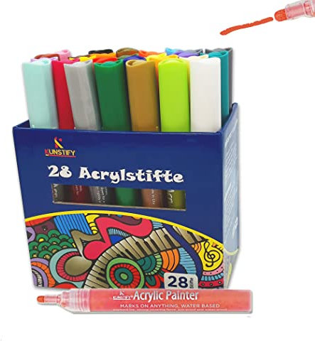 KUNSTIFY 28 Acrylstifte mit 2-3mm Strichstärke, Malset Acrylstifte für alle großen Oberflächen wie z.B. Steine, Metall, Holz, Glas, uvm. DIY-Handwerk für Kinder und Erwachsene
