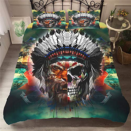 Morbuy Bettbezug Bettwäsche Set Dunkle Serie, Weiche Mikrofaser 3D Gothic Horror Schädel Drucken Bettwäsche Set mit Reißverschluss Bettbezug und Kissenbezüge (135x200cm-2pcs,Indischer Schädel)