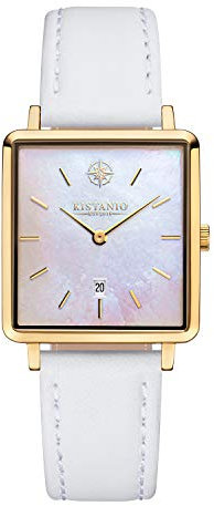Kistanio Carré Damenuhr mit Lederband Datum Edelstahl Vergoldet Saphirglas GO-PM-L-WH
