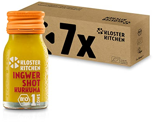 Kloster Kitchen Bio Ingwer Shot Kurkuma 1SHOT 7x 30 ml mit echten Ingwerstückchen I Ingwershot mit Kurkuma vegan in der To Go Flasche I süß-scharf ohne Zusatzstoffe & mit natürlicher Süße