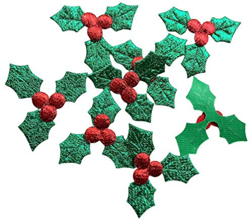 PRETYZOOM 100pcs Artificial Holly Berry with Green Leaves Iron on Patches Cake Toppers Christmas Table Scatter Confetti Decorations