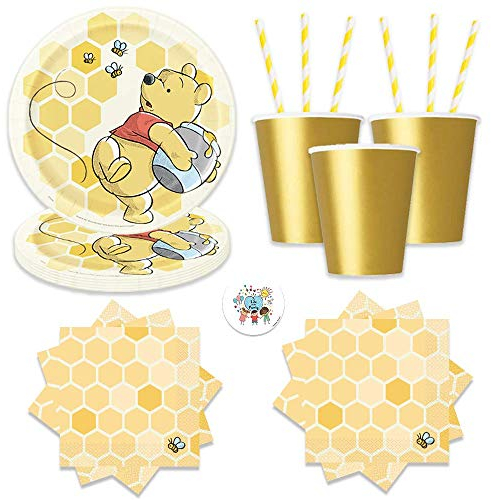 Winnie The Pooh Birthday Party Pack for Up to 16 Guests With Plates, Napkins, Cups, Yellow Straws and Pin by Another Dream