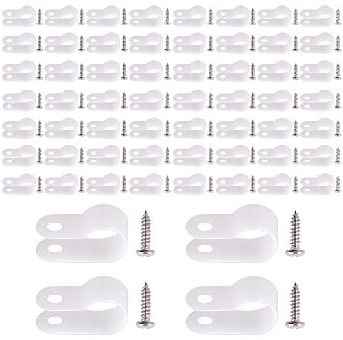 Rustark 60 Stück 10.4mm Weiß Nylon R-Typ Kabelschellen Nylon Kabelhalter R Clips Schraubbefestigung Kabelklemmen mit 60 Stück 304 Edelstahl Schrauben für Drahtmanagement (3/8”)