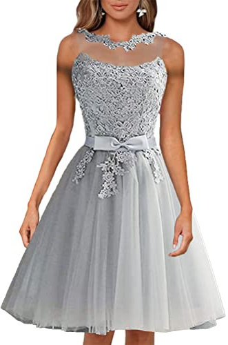 Minetom Femme Robe De Cocktail Courte Dentelle Mousseline Swing pour Bal Mariage Robe De Soirée Longue Mariage Party Dress H Gris M