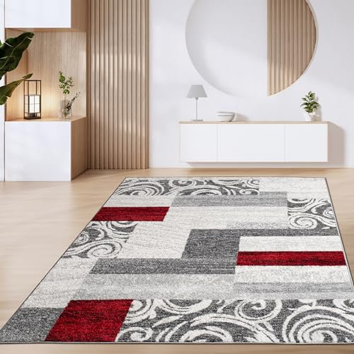Paco Home Teppich Wohnzimmer Kurzflor Marokkanische Kreis Und Bordüren Muster Modern, Grösse:160x220 cm, Farbe:Rot