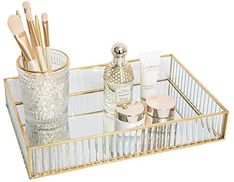 SLHEQING Vintage Spiegeltablett Gold, Dekoratives Tablett Glastablett Rechteckig Organizer Tray Kosmetik Schmuck als Schminktisch Aufbewahrung (25 x 18 x 4.5 cm)