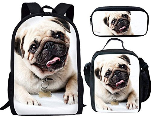 Binienty Modische Schultasche 3-in-1 für Kinder, Jungen, Mädchen, Rucksack + Lunch-Tasche + Federmäppchen, mops, Einheitsgröße,