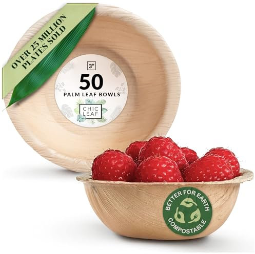 Chic Leaf Disposable Palm Leaf Bowls Like Bamboo 3 Round Deep (50 Pieces) - Biodegradable and Compostable - Serving Bowls for Parties