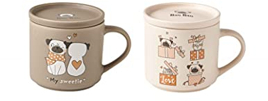 Brandani 52286 Mug Set 2 Pezzi New Bone China, Diametro 10x9h cm, 350 ml, Con Coperchio che diventa poggia tazza, soggetti assortiti