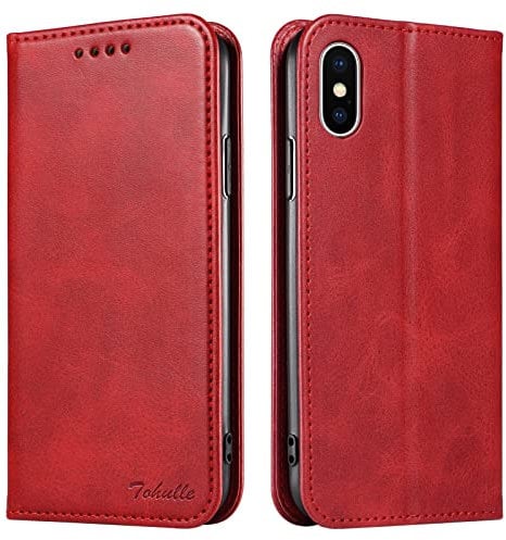 TOHULLE for iPhone X iPhone XS Case, Premium PU Leather Wallet Case with Card Holder Kickstand Built-in Magnetic Closure Flip Folio Phone Cover for iPhone X/XS - Red