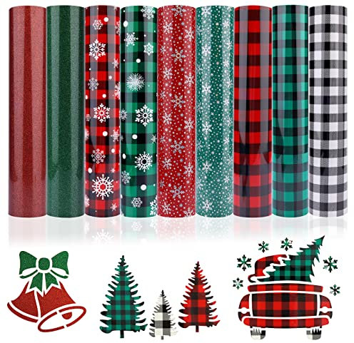 AIEX 9 Blatt Weihnachts Wärmeübertragungsfolie, 30,5 x 25,4 cm Heat Transfer Vinyl Htv Iron on Vinyl Weihnachtsschneeflocke BÜffelkaro Htv Heat Transfer Vinyl für Stoff T-Shirt Silhouette Cameo