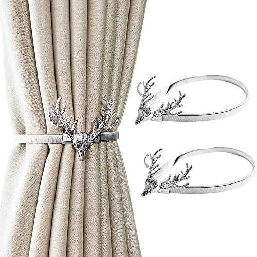Newsmy 2 Stück magnetische Raffhalter für Vorhänge, kreative silberne Blätter, magnetische Vorhang-Raffhalter, Vorhang-Raffhalter (2 Stück silberne Hirsche)