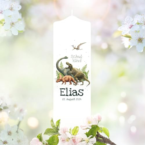 Kerze zur Einschulung mit Dinosaurier personalisiert mit Namen und Datum Dino Geschenk Erster Schultag, 2. Kerze 25 x 7 cm