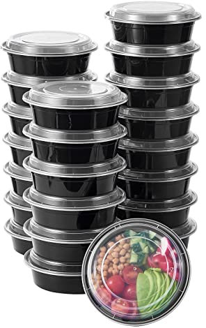 FULING 24 oz 50 ct Round Meal Prep Food Storage Containers with Lids To Go Plastic Lunch Plan Box Disposable Take Out Bowls Black BPA Free Reusable Durable Stackable Microwave Freezer Dishwasher Safe