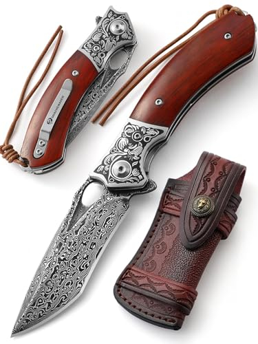 DRACHENADER Couteau de poche Damas à une main en acier damassé de haute qualité avec belle gaine en cuir, couteau pliant Outdoor VG10 Kern manche en bois cadeau