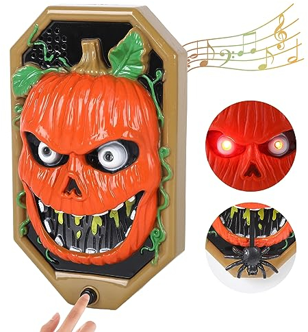 Halloween Türklingel Dekoration Halloween Kürbis Türglocke mit gruseligen Geräuschen Leuchtende Kürbis Türklingel mit Pop-up Spinne für Indoor Outdoor Heim Deko Spukhaus Bar Halloween Party Requisite