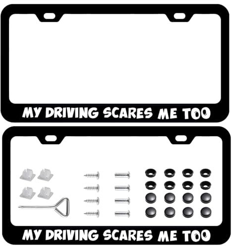 2 Pack My Driving Scares me Too License Plate Frames, Stainless Steel Joke Funny License Plate Cover with Screw Caps Cover and Screwdriver Set - 2-Hole