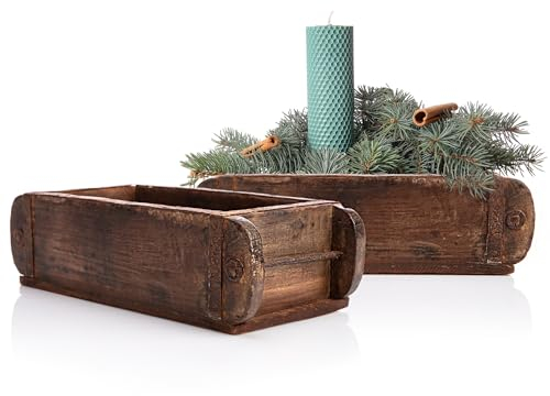 BigDean 2 Stück Ziegelform in Braun 32x14,5x9cm (LxBxH) – rustikale Vintage Ordnungsbox mit Metallbeschlägen aus Echtholz – Deko Holzkiste gefertigt aus Altholz – jedes Stück EIN Unikat