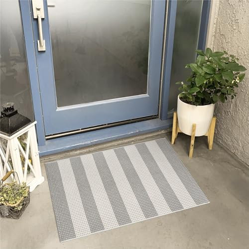 Sungea Gestreifter grau-weißer Outdoor-Teppich, waschbar, wendbar, Baumwolle, handgewebt, Veranda-Teppich, faltbar, federgeschichtet, Fußmatten für Eingang/Bauernhaus