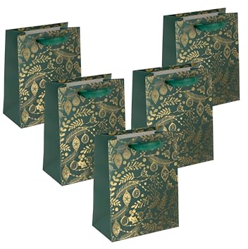 Sigel GT119/5 mittelgroße Premium Geschenktüten aus Papier, 5er Set, gold/grün, mit Seidenbandgriffen, 18 x 23 x 10 cm, Golden ornaments on green, Papier-Geschenktaschen Weihnachten