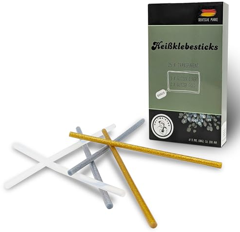 Haltmeister Hot Glue Sticks Pack of 30 - 11mm Diameter, 200mm Length - Transparent, Gold Glitter, Silver Glitter - Standard Hot Glue Gun