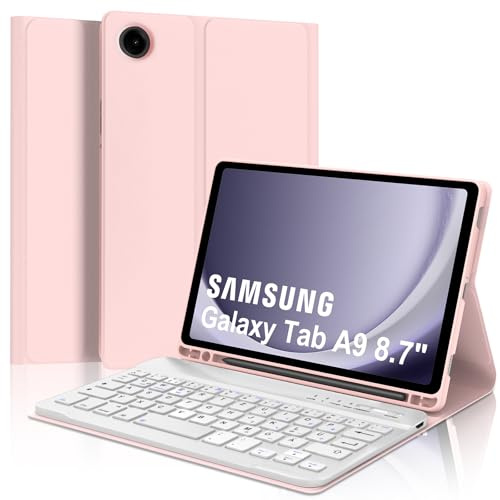 IVEOPPE Hülle mit Tastatur für Samsung Galaxy Tab A9 8.7, Tastatur für Samsung Tablet A9 2023, Magnetisch Abnehmbarer QWERTZ Keyboard Galaxy Tab A9 8.7 Zoll (SM-X110/X115/X117), Rosa