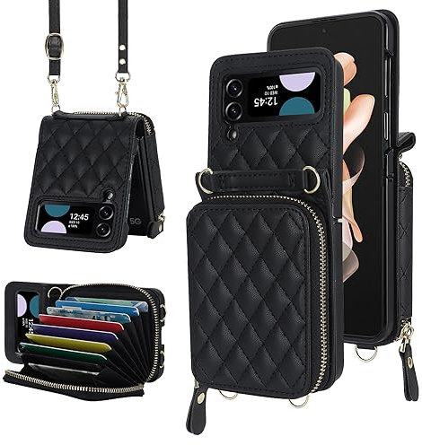 NINKI Coque pour Samsung Galaxy Z Flip 4,Coque Portefeuille Étui en Cuir PU pour Samsung Flip 4 avec Lanière Amovible et Réglable,Housse avec Fermeture éclair Porte-Cartes Sac pour Z Flip 4, Noir