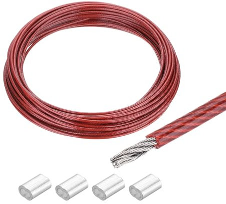 sourcing map 66Ft(20M) Wire Rope 304 Stainless Steel Cable 5/32 (4.0 mm) Vinyl Coated with 4pcs Aluminum Sleeves for Hanging, Clotheslines, Lifting Red