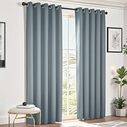 NAKIHOUSE Light Grey Blackout Door Curtains 54 Inch Drop,2 Panel | Thermal Insulated Eyelet Top Curtain, Energy Efficient Room Darkening Curtain for Bedroom, Living Room & Doorway