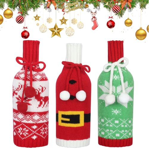3 Pieces Christmas Wine Bottle Covers, Santa Pattern Wine Bottle Cover Christmas Sweater Wine Bottle Gift Bag for Xmas Dinner Party Table Decor (Snowflakes)