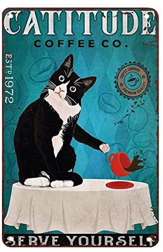 Metall Schilder Retro Zinnschild Vintage-Dekoration Metall Wanddekoration Für Pub Cafe Garage 20X30Cm Lustige Katze Schwarz Amd Kaffee Coffee Co Poster Liebe Haustier Druck Poster Kaffee