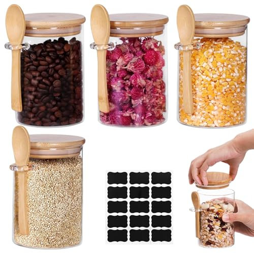 OUOQI 4 Stück Vorratsgläser mit Deckel, 540ml Glasbehälter mit Deckel, Vorratsdosen Glas, Vorratsdosen mit Deckel, Aufbewahrungsgläser Küche, Vorratsgläser Glas Rund mit Deckel, Löffel, Etiketten