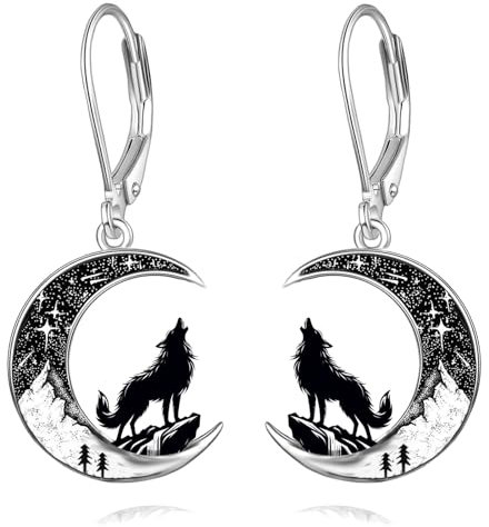 Wolf Ohrringe Silber 925 Damen Hängend Leverback Ohrringe Mond Tier Schmuck Geschenke für Frauen