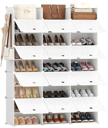 Hzuaneri Schuhregal, 12 Schuhschrank mit Türen und Haken, für 48 Paar Schuhe, 36 x 125 x 161 cm, Kunststoff-Schuhregal, Schuhschrank für Flur, Schlafzimmer, Eingang, Transparentes Weiß SR11603W