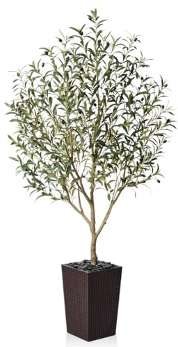 VeriNatural Olivier Artificiel 180cm-Grande Plante Artificielle Décorative avec Pot Marron Tressé,Résistante UV, Galets Inclus-Fausse Plante pour Décoration Intérieur/Extérieur, Salon, Jardin,VN132