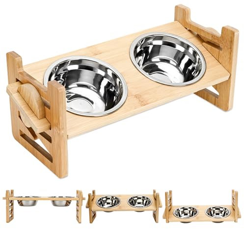 Raised dog Bowl, elevated dog bowls,6-Level Adjustable Raised, Bamboo Dog Feeding Station, 2 Stainless Steel Pet Bowl, dog bowls with stand for Dog and cat Raised Feeders (Woodiness, S)
