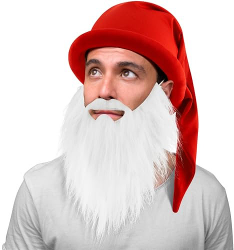 Geyoga Zwergenmütze mit Bart Karneval Hut Zwerg Zipfelmütze Wichtelmütze Elfenmütze Lustige Zwerge Kostüm Accessoires für Fasching Karneval Umzug Verkleidung Cosplay Party Damen Herren(Rot)