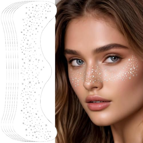 Glitzer Sommersprossen Tattoo Gesicht, Sterne Punkte Aufkleber Make-Up, 6 Stück Temporäre Sparkle Freckles Folie Wasserfeste und Leicht Zu Entfernen für Festival, Party, SliberA