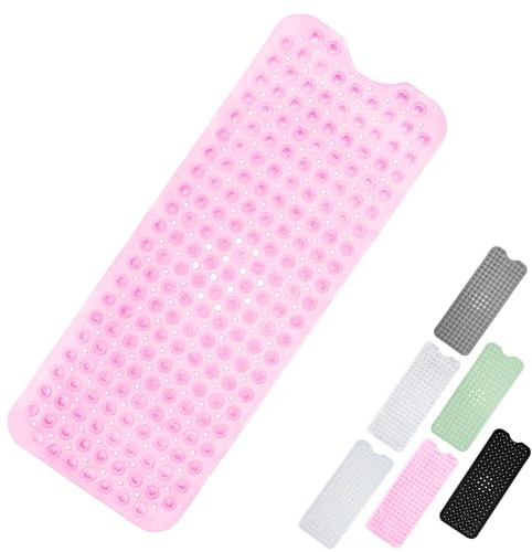 Dusch-Badematte 100x40cm, Extra Lange Duschmatte Anti-Schimmel-Badematten Rosa, rutschfeste Badematte für Wanne, Duschmatte mit Saugtaschen, Ablauflöcher, Maschinenwaschbare Badewannematten